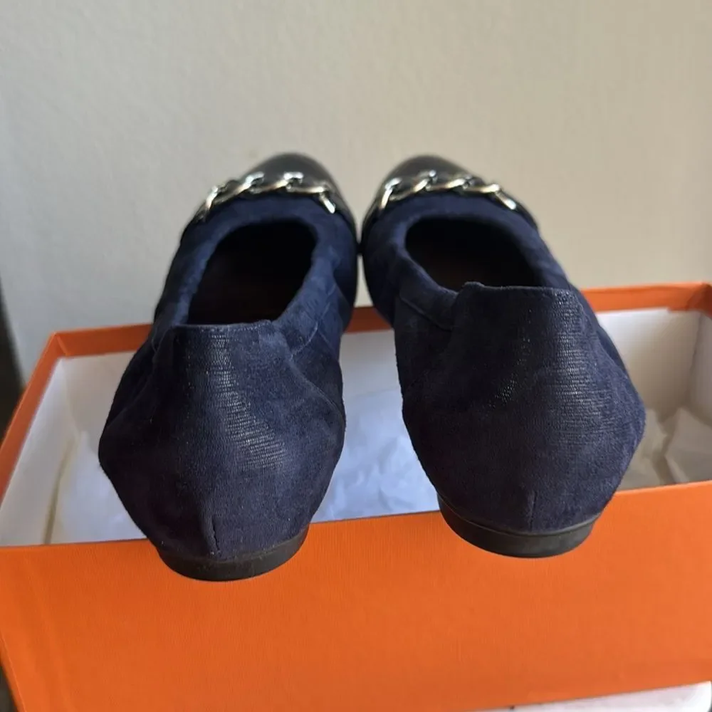 AGL Navy Blue Silver Chain Detail Cap Toe Ballet Flats Size 8.5/39.5 Italian